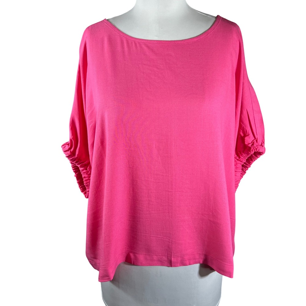 Zenana Dolman Sleeve Ruched Blouse Hot Pink Rayon Boat Neck Boxy Oversized Small